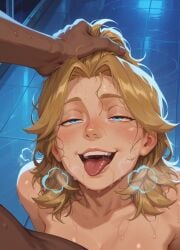1girls ahe_gao ai_generated blonde_hair blue_eyes blush drooling hand_on_head holding_hair invisible_woman invisible_woman_(marvel_rivals) marvel marvel_comics marvel_rivals messy_hair panting pulling_hair sue_storm sweat tongue tongue_out wet wet_skin