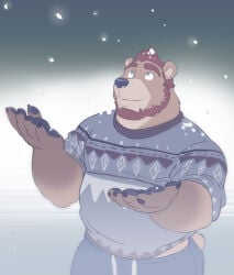 bear beard blue_eyes derek_honnington_(saltypoundcake) furry male pants pawpads smile snow solo spookeedoo sweater yellow_body