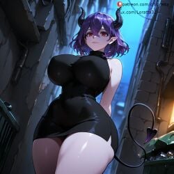 1girl ai_generated alley arms_behind_back back_alley big_ass big_breasts curvy demon_girl demon_horns demon_tail dress kinsou_no_vermeil loratta night purple_hair red_eyes short_dress short_hair standing tagme thick_thighs turtleneck vermeil_(kinsou_no_vermeil) wide_hips