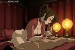 1boy 1girl ai_generated avatar_the_last_airbender black_hair blush bottomless braid breasts brown_hair choker fellatio hetero hi_res high_quality high_resolution jewelry kneeling lying nipples on_bed open_clothes oral patreon penis seductive sexy spicytoonai ty_lee uncensored watermark