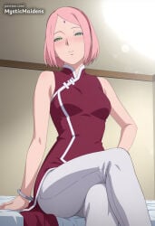 1girl ai_generated anime anime_style arm_support bare_shoulders blush boruto boruto:_naruto_next_generations bracelet breasts chinese_clothes crossed_legs dress facial_mark forehead_mark green_eyes hairband half-closed_eyes haruno_sakura hentai hi_res indoors jewelry looking_at_viewer medium_breasts mystic_maidens naruto naruto_(classic) naruto_(series) naruto_shippuden pants parted_bangs parted_lips patreon pink_hair red_dress red_hairband sakura_haruno short_hair sitting sleeveless solo white_pants
