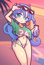 1girls accurate_art_style areola_slip areolae ass big_ass big_breasts bikini bikini_under_clothes blue_hair breasts cosplay cosplaying_as_character crop_top earrings furii_(artist) grand_theft_auto grand_theft_auto_vi gta_vi_cover_girl holding_can holding_object huge_breasts large_breasts light-skinned_female light_skin long_hair non-nude puyo_puyo puyo_puyo_artstyle rulue sega skimpy solo solo_female solo_focus sunglasses thick_thighs thighs underboob white_bikini