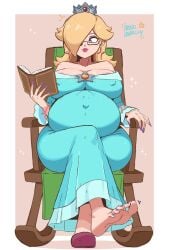 arbrianarchy areolae areolae_slip big_breasts blonde_female blonde_hair blue_eyes crossed_legs feet glasses mario_(series) pregnant pregnant_female princess_rosalina reading reading_book rosalina tagme