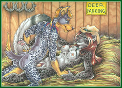 2010 anthro anthromorph artist_request bandana barn big_breasts blonde_hair blue_eyes breasts brown_hair canine character_request claws clitoris copyright_request countershading couple cowboy_hat eye_contact eyes feline female fur furry furry_breasts furry_tail grin hair hat hay long_hair looking_at_another male mammal missionary_position nipples nude on_back pawpads penetration penis pussy raised_leg sex short_hair smile snow_leopard spots straight tail teeth uncensored vaginal_penetration wielder wolf