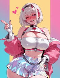1girl 1girls ai_generated balecxi bare_shoulders blue_eyes blue_nails blush breasts chain chest_harness choker cleavage cleavage_cutout clothing clothing_cutout collar cowboy_shot crop_top curvaceous curvaceous_female curvaceous_figure curvy curvy_figure earrings elbow_gloves female female_focus finger_gun fingerless_gloves fishnet_pantyhose fishnets gloves hair_ornament hairband hand_on_own_hip harness heart-shaped_pupils heart_collar horns jacket jewelry large_breasts legwear long_sleeves looking_at_viewer midriff miniskirt mole nail_polish navel nier:_automata nier_(series) off_shoulder one_eye_closed open_jacket open_mouth pantyhose pink_jacket pleated_skirt shiny_clothes short_hair skindentation skirt smile solo symbol-shaped_pupils teeth thick_thighs thighs uncensored voluptuous voluptuous_female white_gloves white_hair white_pantyhose wide_hips yorha_2b zipper zipper_pull_tab
