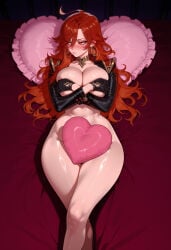 1girl 1girls ahoge ai_generated averting_eyes balecxi bed bed_sheet black_gloves black_jacket blush bottomless breasts choker cleavage closed_mouth clothing collarbone covering_breasts covering_crotch covering_nipples covering_privates crossed_arms crossed_legs curvaceous curvaceous_female curvaceous_figure curvy curvy_figure cushion earrings embarrassed female female_focus frilled_pillow genshin_impact gloves hair_between_eyes head_on_pillow heart-shaped_pillow hoop_earrings hoyoverse huge_breasts jacket jewelry large_breasts long_hair long_sleeves looking_to_the_side lying mavuika_(genshin_impact) naked_jacket narrow_waist navel on_back on_bed pillow red_eyes red_hair shiny_skin solo thick_thighs thighs voluptuous voluptuous_female wide_hips