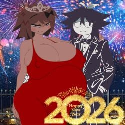 1boy 1girls abbie_(fundamental_paper_education) alice_(fundamental_paper_education) big_belly fundamental_paper_education happy_new_year pregnant pregnant_belly white_skin_(monochrome)