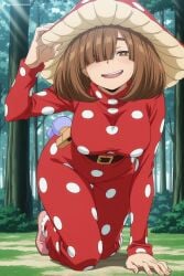 1girl ai_generated all_fours belt blush breasts brown_eyes brown_hair digitalwaifugallery dress forest hair_over_one_eye hi_res high_quality high_resolution komori_kinoko large_breasts long_sleeves looking_at_viewer medium_hair mushroom my_hero_academia nature open_mouth outdoors patreon polka_dot polka_dot_dress red_dress seductive sexy smile solo symbol-shaped_pupils teeth tree uncensored watermark x-shaped_pupils