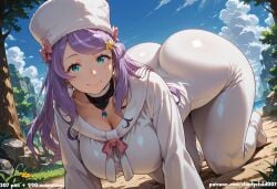 1girl 1girls absurd_res ai_assisted ai_generated anastasia_hoshin anime ass ass_focus beach black_choker blue_eyes blue_gemstone blue_sky boobs breasts bubble_butt butt butt_focus charlychad007 curvaceous curvy curvy_figure fur_hat glistening_skin high_resolution highres hourglass_figure huge_ass huge_breasts huge_butt kneeling large_breasts light-skinned_female looking_at_viewer masterpiece on_sand palm_tree patreon patreon_logo patreon_username pink_bow purple_hair re:zero_kara_hajimeru_isekai_seikatsu smile solo star_hair_ornament sweat thick_thighs thighs very_long_hair voluptuous white_hat white_outfit wide_hips