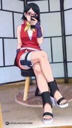1girls ass black_hair boruto boruto:_naruto_next_generations cellphone crossed_legs feet feet_focus foot foot_focus full_body glasses high_heels legs naruto naruto_(series) red_glasses sarada_uchiha selfie short_hair solo thighs uchiha_sarada