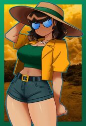 2d_(artwork) big_breasts brown_hair casual emotionless emotionless_female female female_only glasses human interloper_(series) mynokis5 no_genitals_shown skyghost_(interloper) solo solo_female