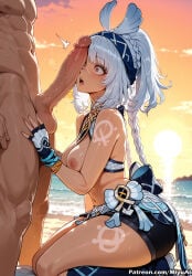 1boy 1girl ai_assisted ai_generated ass bangs beach braid breasts choker curvaceous curvy curvy_female curvy_figure dark_skin female fingerless_gloves from_side genshin_impact gloves hairband heart heart-shaped_pupils hetero long_hair medium_breasts miyuai mualani_(genshin_impact) nipples nude ocean open_mouth outdoors penis red_eyes shorts silver_hair sitting small_breasts solo_focus sunset sweat symbol-shaped_pupils tattoo testicles thick thick_ass thick_butt thick_hips thick_legs thick_thighs voluptuous voluptuous_female wide_hips wide_thighs
