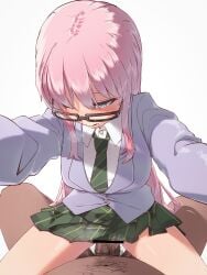 1boy 1girl absurdres bang_dream! bang_dream!_it's_mygo!!!!! bar_censor black-framed_eyewear blush breasts censored chihaya_anon chinese_commentary collared_shirt commentary_request cowgirl_position girl_on_top glasses green_necktie green_skirt grey_eyes grey_jacket haneoka_school_uniform heart heart_in_eye heavy_breathing highres jacket large_breasts long_hair long_sleeves necktie nose open_mouth penis pink_hair plaid_clothes plaid_skirt reaching reaching_towards_viewer school_uniform sex shirt simple_background skirt solo_focus straddling striped_clothes striped_necktie symbol_in_eye teeth thighs three_(user_derr2252) vaginal white_background white_shirt