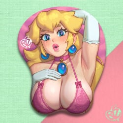 armpits big_eyelashes blue_eyes blushing boob_mousepad bra breasts breasts_bigger_than_head bridal_gauntlets heart-shaped_pupils heart_eyes looking_at_viewer mario_(series) mousepad one_arm_up pink_bra pink_choker pink_lipstick plump_lips princess_peach production_art rizdraws super_mario_bros. yellow_hair