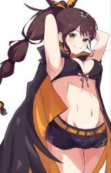 1girl big_breasts bikini bikini_top black_cape boobs bow bra breasts brown_hair cape looking_at_viewer ponytail re:zero_kara_hajimeru_isekai_seikatsu ribbon shaula_(re:zero) shorts solo_female tight_shorts