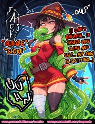1girl ai_generated bandages belt blush brown_hair choker choking comic_panel distress drool dungeon english_text fingerless_gloves full_color gagged green_slime kono_subarashii_sekai_ni_shukufuku_wo! megumin mismatched_legwear monster open_mouth rampa69 red_dress red_eyes saliva short_hair slime solo sound_effects sweat tentacle_in_mouth tentacles text thick_thighs thighhighs witch_hat zettai_ryouiki