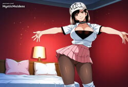 1girl ai_generated anime anime_style artist_name baseball_cap bed black_choker bouryoku_banzai breasts brown_eyes brown_hair brown_pantyhose choker cleavage collarbone collared_shirt contrapposto hat head_tilt hentai hi_res indoors lamp large_breasts looking_at_viewer medium_hair miniskirt miu_(bouryoku_banzai) mystic_maidens on_bed outstretched_arms pantyhose parted_lips patreon patreon_username pillow pink_skirt pleated_skirt shirt short_hair short_sleeves skirt smile solo standing underwear web_address white_headwear white_shirt
