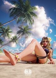 1girls 2026 3d 3d_(artwork) alternate_costume alternate_hairstyle artist_logo beach black_swimsuit blonde blonde_female blonde_hair blue_eyes blue_nails blue_sky cloud comic_character day feet flower flower_in_hair hair hair_ornament hashtag_loba legs light-skinned_female light_skin long_hair looking_at_viewer magik_(illyana_rasputin) magik_(marvel_rivals) marvel marvel_comics marvel_rivals mutant_(marvel) netease_games official_alternate_costume palm_tree pose posing russian russian_female sand swimsuit thick_thighs thighs video_games