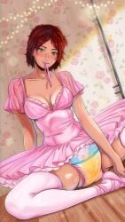 abdl ballerina ballerina_shoes bodily_fluids dancewear diaper diaper_fetish diaper_girl female_only green_eyes human jenna_(wolvesatyourdoor) meowtat peeing peeing_self pink_clothes pink_clothing pink_shoes red_hair solo_female tutu unclean_diaper urine wearing_diaper wet_diaper wetting wetting_diaper