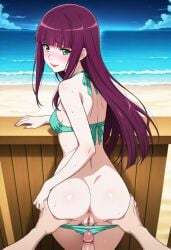 1girls ai_generated anus ass beach bikini castlevania castlevania:_portrait_of_ruin female female_focus green_bikini green_eyes hime_cut imminent_penetration imminent_sex long_hair looking_at_viewer looking_back loretta_lecarde on_back pale-skinned_female pale_skin purple_hair pussy small_breasts