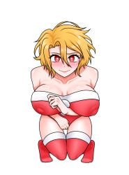 1boy 1girls blonde_female blonde_hair blush blushing christmas_outfit cleavage collarbone don_quixote_(limbus_company) female heart-shaped_pupils huge_breasts kreky limbus_company lipstick looking_at_viewer nipple_bulge project_moon red_eyes sancho_(limbus_company) seductive_body siegfried_(limbus_company) smile socks standing thick_thighs