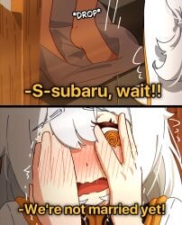 1boy 1girl1boy 1girls black_hair brown_eyes dominant_male female genderbend genderswap genderswap_(mtf) golden_eyes male mayngomay natsuki_subaru peak re:zero_kara_hajimeru_isekai_seikatsu regulus_corneas white_clothing white_hair yellow_eyes