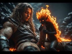 ai_art ai_generated blowjob breasts elemental_creature fairy fantasy fire giant_male licking_penis penis_lick size_difference sucking_penis tagme tiny_female video