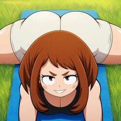 1girls above_view ai_generated big_ass big_breasts big_butt brown-eyed_female brown-haired_female brown_eyes brown_eyes_female brown_hair bubble_ass bubble_butt dat_ass dat_butt eyes_open facing_forward facing_viewer light-skinned_female light_skin looking_up my_hero_academia novelai ochako_uraraka open_eyes outdoors outside short-haired_female short_brown_hair short_hair shorts smug smug_face smug_smile splits teeth teeth_showing teeth_visible thicc thicc_ass thicc_butt uraraka_ochako white_shorts yoga yoga_mat yoga_pose