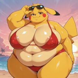 ai ai-created ai_art ai_assisted ai_generated anthro anthro_female bbw beach big_breasts bikini chubby chubby_anthro chubby_female curvy curvy_anthro curvy_body curvy_female curvy_figure fat female female_anthro furry furry_female hi_res looking_at_viewer nipples obese obese_anthro obese_female overweight overweight_anthro overweight_female pikachu plump pokemon pokemon_(species) standing thicc yaenzis