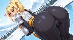 1girl ai_generated armor ass bent_over black_bodysuit blonde_hair blue_eyes blush bodysuit boobs braid breasts cameltoe darkness_(konosuba) from_behind hair_ornament heart huge_ass huge_breasts juswa large_ass large_breasts lips long_hair looking_at_viewer looking_back mountain outdoors patreon_username ponytail questionable shoulder_armor sky smile snow solo thicc thick_thighs thighs x_hair_ornament