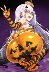1girl absurdres anal anal_object_insertion anus ass bare_shoulders bikini blush bodypaint breasts ebora elbow_gloves fate/grand_order fate_(series) feet fingerless_gloves forked_eyebrows gloves halloween_costume hat highres kneeling long_hair looking_at_viewer melusine_(fate) micro_bikini object_insertion open_mouth orange_bikini orange_gloves orange_hat orange_skirt orange_thighhighs pumpkin_costume pussy sidelocks skirt small_breasts smile soles solo striped_clothes striped_gloves striped_thighhighs swimsuit thighhighs thighs white_hair yellow_eyes