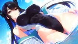 1girl alternate_costume asymmetrical_horns bare_shoulders black_hair black_horns blue_hair blue_nails blue_sky breasts closed_mouth cloud cloudy_sky colored_inner_hair commentary covered_erect_nipples covered_navel demon_horns dutch_angle english_commentary flower from_below gluteal_fold hair_between_eyes hololive hololive_english horn_flower horns irori_(irorixc) jacket large_breasts long_hair looking_at_viewer mole mole_under_eye multicolored_hair nail_polish nerissa_ravencroft off_shoulder one-piece_swimsuit red_eyes sideboob sky solo swimsuit thigh_gap thighs uneven_horns very_long_hair virtual_youtuber wading water white_jacket