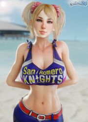 1girls 3d 3d_(artwork) alternate_version_available arms_behind_back artist_name beach big_breasts bimbo blonde_hair blue_eyes bottomwear breasts cheerleader cheerleader_outfit cheerleader_uniform cleavage dochaunt24 female female_only hair hair_ornament high_resolution highres huge_breasts juliet_starling lips lollipop_chainsaw looking_at_viewer smile solo solo_female topwear twintails