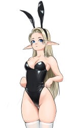 1girls adjusting_clothes black_clothing blonde_hair blue_eyes bunny_ears bunny_girl bunnysuit cleavage elf elf_ears female female_only pemamendez pointy_ears revealing_clothes shiny_clothes simple_background stockings thighhighs tight_clothing tugging_clothing