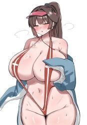 1girl animal_costume blush breasts brown_hair cleavage earrings goddess_of_victory:_nikke hand_on_own_chest hat high_ponytail huge_breasts jewelry long_hair marciana_(marine_study)_(nikke) marciana_(nikke) navel navel_piercing open_mouth open_onesie penguin_costume penguin_hair_ornament piercing pink_hat ponytail red_slingshot_swimsuit slingshot_swimsuit solo standing sweat swimsuit visor_cap white_background wide_hips yellow_eyes