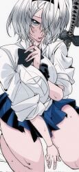 2b_(nier:automata) katana large_breasts school_uniform sweat