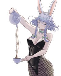 1girl animal_ears bare_arms bare_shoulders black_leotard blue_eyes bow braid breasts bunny_ears bunny_girl bunny_tail bunnysuit cleavage cowboy_shot detached_collar eyebrows_visible_through_hair fake_animal_ears fishnet_legwear fishnets green_bow hair_bow holding izayoi_sakuya leotard pantyhose sakuya_izayoi short_hair silver_hair solo standing strapless striped tagme thighs touhou twin_braids white_background