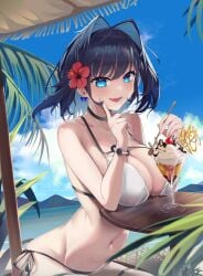 1girls beach bikini blue_eyes blue_hair breasts hair_flower hololive hololive_english ice_cream ouro_kronii solo sundae white_bikini
