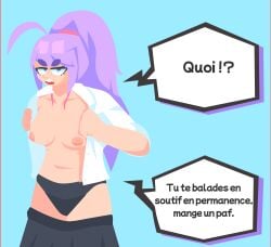 ahoge annoyed_expression big_breasts breasts breasts_out clef_(unbeatable) french_text green_eyes long_hair panties ponytail purple_hair saucepesto simple_background skirt_down solo solo_female talking_to_viewer text unbeatable underwear undressing white_shirt