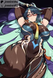 1girl ai_generated alternate_breast_size aqua_eyes aqua_hair armpits arms_behind_head arms_up averting_eyes black_hair blue_hair blush bodystocking breasts brown_pantyhose clothing colored_inner_hair dress earrings elbow_gloves eyewear feather_hair_ornament female genshin_impact glasses gloves gold_trim green_hair hair_ornament jennieart02 jewelry large_breasts legwear long_hair looking_at_viewer looking_to_the_side lying makeup multicolored_hair on_back pantyhose parted_bangs patreon patreon_logo patreon_username red-framed_eyewear semi-rimless_eyewear solo sweat tassel tassel_earrings tassel_hair_ornament thick_thighs thighs twitter twitter_username two-tone_hair very_long_hair watermark web_address xianyun_(genshin_impact)