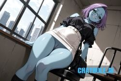 1girl ai_assisted ai_generated beautiful black_sclera black_shirt blue_skin city contrapposto day dress dutch_angle frilled_shirt general glasses grayscale green_eyes grin high_contrast highres indoors looking_at_viewer my_hero_academia no_nose outdoors perfect_anatomy purple_hair pussy sharp_teeth shirt_tucked_in short_sleeves shoulder_bag shoulder_cutout sitting_on_chair slit_pupils smile smug socks standing tight_skirt upskirt_view white_skirt