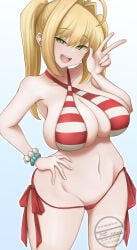 1girls ahoge bead_bracelet beads bikini blonde_hair blush bracelet breasts cleavage criss-cross_halter fate/grand_order fate_(series) gradient gradient_background green_eyes hair_intakes halterneck hand_on_hip jewelry large_breasts long_hair looking_at_viewer navel nero_claudius_(fate)_(all) nero_claudius_(swimsuit_caster)_(fate) open_mouth red_bikini side-tie_bikini smile solo striped striped_bikini swimsuit thighs twintails v w