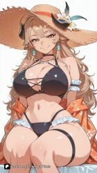 1girl ai_generated animal_ears arknights arknights:_endfield artist_name bangs bare_shoulders bikini black_bikini black_choker breasts brown_eyes brown_hair choker cleavage earrings flower frills hat hat_flower horns jewelry large_breasts long_hair looking_at_viewer meteorite_(arknights) navel necklace off_shoulder patreon senpai_pixels sensitive simple_background sitting smile solo straw_hat sun_hat swimsuit thigh_strap thighs white_background