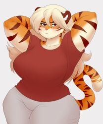 anthro armpits big_breasts blonde_hair breasts female hands_behind_head kingtacoyaki red_eyes tacoyaki tagme thick_thighs tiger