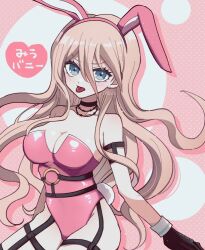 blonde_female blonde_hair blue_eyes bunny_ears bunny_tail choker danganronpa danganronpa_v3 fake_animal_ears female female_only gloves iruma_miu leotard long_hair mikao_(eanv5385) o-ring o-ring_harness pink_leotard smooth_skin tongue_out