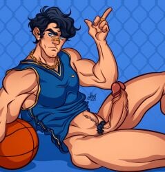 1boy 2022 aqua_eyes bandage_on_nose bandaid basketball_(ball) batman_(series) black_hair blue_background bottomless dc dc_comics dick_grayson erection feet_out_of_frame flipping_off gay gold_chain hoot_exe looking_to_the_side male male_only middle_finger necklace nightwing proud_of_his_cock pubic_hair retracted_foreskin sitting solo teen_titans thick_penis uncensored veiny_penis yaoi