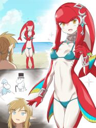 1boy 1girls beach bikini blonde_hair blue_bikini blue_eyes blue_swimsuit bracelet breasts breath_of_the_wild cloud female female_zora fish_girl link link_(breath_of_the_wild) mipha monbetsu_kuniharu necklace nervous nintendo ponytail sky small_breasts swimsuit the_legend_of_zelda water yellow_eyes zora