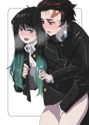 2boys anal anal_sex androgynous black_hair blush bottomless breath butcherboy clothed_sex demon_slayer earrings facial_scar femboy from_behind gakuran gay implied_anal implied_sex kamado_tanjirou kimetsu_no_yaiba long_hair long_hair_male looking_at_another looking_back male male_only muichiro_tokitou pale-skinned_male pale_skin red_eyes sweat teal_eyes two_tone_hair uniform yaoi