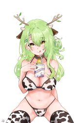 1girls bikini bikini_bottom bikini_top carton cartoony ceres_fauna choker cow_ears cowbell cowkini cowprint drink_on_breasts female female_only green_hair hololive hololive_english hololive_english_-council- hololive_english_-promise- horns legs_apart licking_lips looking_at_viewer lucferz13 milk_carton pov sitting solo tongue tongue_out virtual_youtuber white_background yellow_eyes