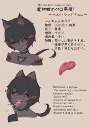 :p after_fellatio animal_ears bell_orgel black_hair black_sclera black_skin blank_censor censored character_name colored_sclera colored_skin cum cum_in_mouth cum_on_tongue cum_string disembodied_penis dog_ears dog_girl female hair_between_eyes handjob hellhound_(monster_girl_encyclopedia) highres looking_at_viewer mixed-language_text monster_girl_encyclopedia penis portrait red_eyes short_hair slit_pupils tongue tongue_out